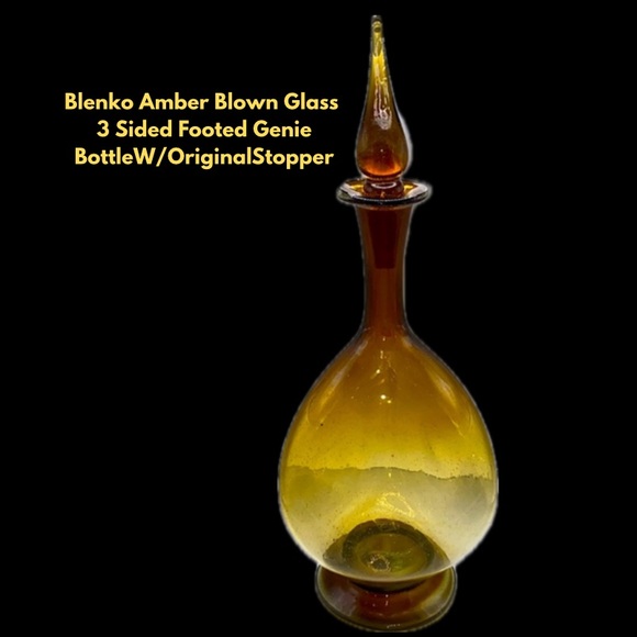Blenko Amber Blown Glass 3 Sided Footed Genie Bottle With Original Stopper